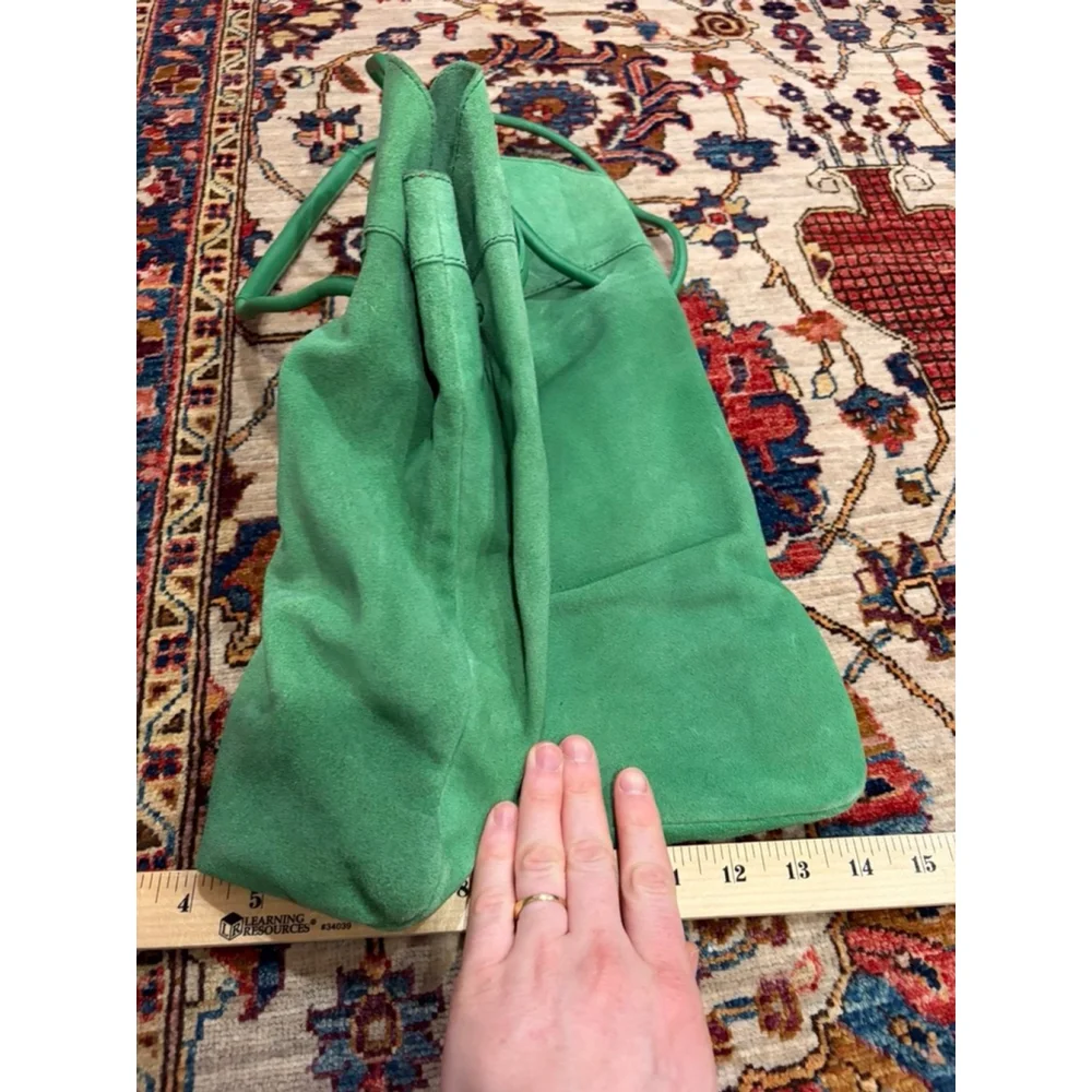 Free People Green Suede Leather Tote Shoulder Bag Cutout Handle Boho Slouch read